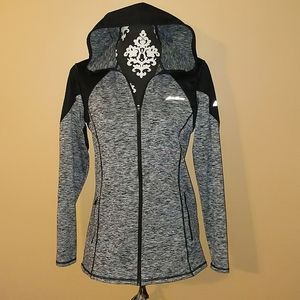 Ladies Eddie Bauer Motion fitted full hood zip jacket Black/Grey Sz M
